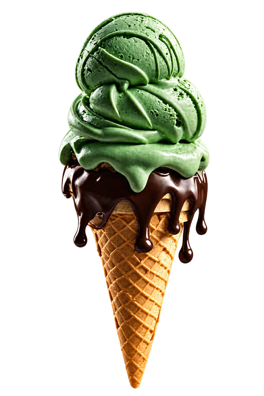 Cono de helado verde con cobertura de chocolate